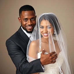 A brown, skinny groom embraces his veiled bride and looks directly at the camera