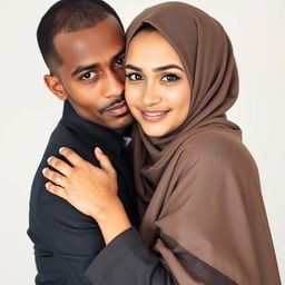 A brown, skinny groom hugs his bride who is wearing a Hijab, both looking directly at the camera