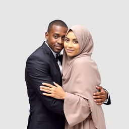 A brown, skinny groom hugs his bride who is wearing a Hijab, both looking directly at the camera