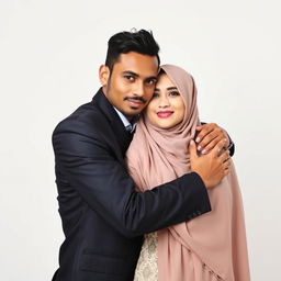 A brown, skinny groom hugs his bride who is wearing a Hijab, both looking directly at the camera