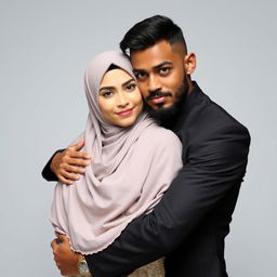 A brown, skinny groom hugs his bride who is wearing a Hijab, both looking directly at the camera