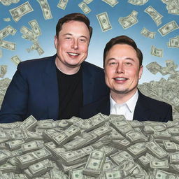 A happy, cartoon version of philanthropist MrBeast and innovator Elon Musk, with a huge heap of money in the background.