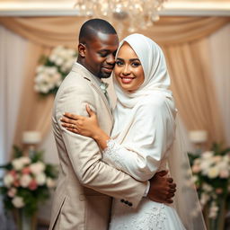 A brown, skinny groom hugs his bride who is wearing a Hijab and a beautiful white dress