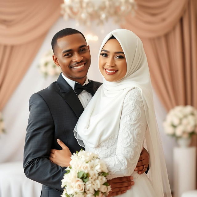 A brown, skinny groom hugs his bride who is wearing a Hijab and a beautiful white dress