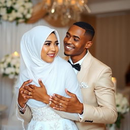 A brown, skinny groom hugs his bride who is wearing a Hijab and a beautiful white dress