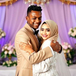 A brown, skinny groom hugs his bride who is wearing a Hijab and a beautiful white dress