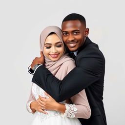 A brown, skinny groom wearing a black suit lovingly hugs his bride, who is wearing a Hijab and a beautiful white dress