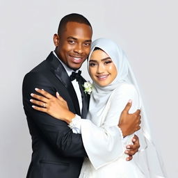 A brown, skinny groom wearing a black suit lovingly hugs his bride, who is wearing a Hijab and a beautiful white dress