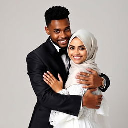 A brown, skinny groom wearing a black suit lovingly hugs his bride, who is wearing a Hijab and a beautiful white dress