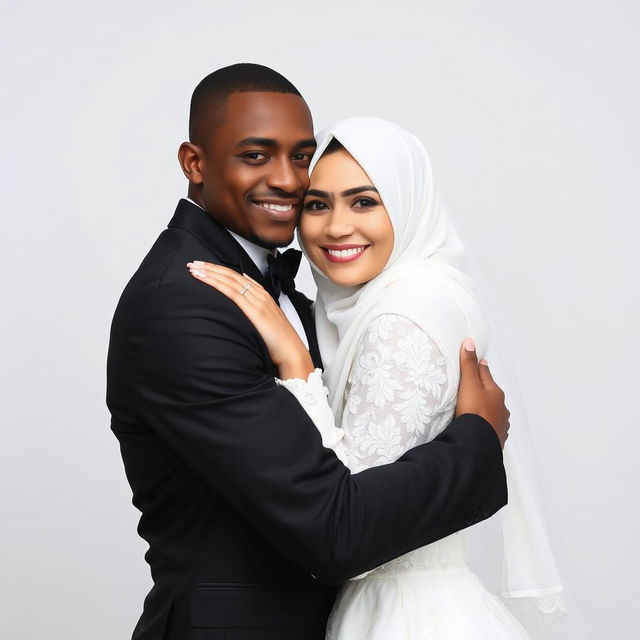 A brown, skinny groom wearing a black suit lovingly hugs his bride, who is wearing a Hijab and a beautiful white dress