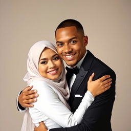 A brown, skinny groom wearing a black suit hugs his bride, who is wearing a hijab and a white dress