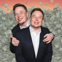 A happy, cartoon version of philanthropist MrBeast and innovator Elon Musk, with a huge heap of money in the background.