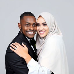 A brown, skinny groom wearing a black suit hugs his bride, who is wearing a hijab and a white dress