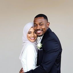 A brown, skinny groom wearing a black suit hugs his bride, who is wearing a hijab and a white dress