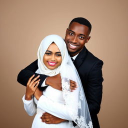 A brown, skinny groom wearing a black suit hugs his bride, who is wearing a hijab and a white dress