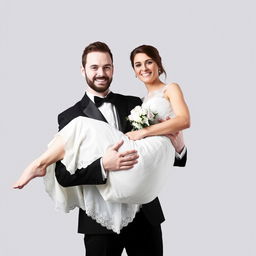 A half-white groom, dressed in a black suit, holds his bride who is wearing a white dress in his arms