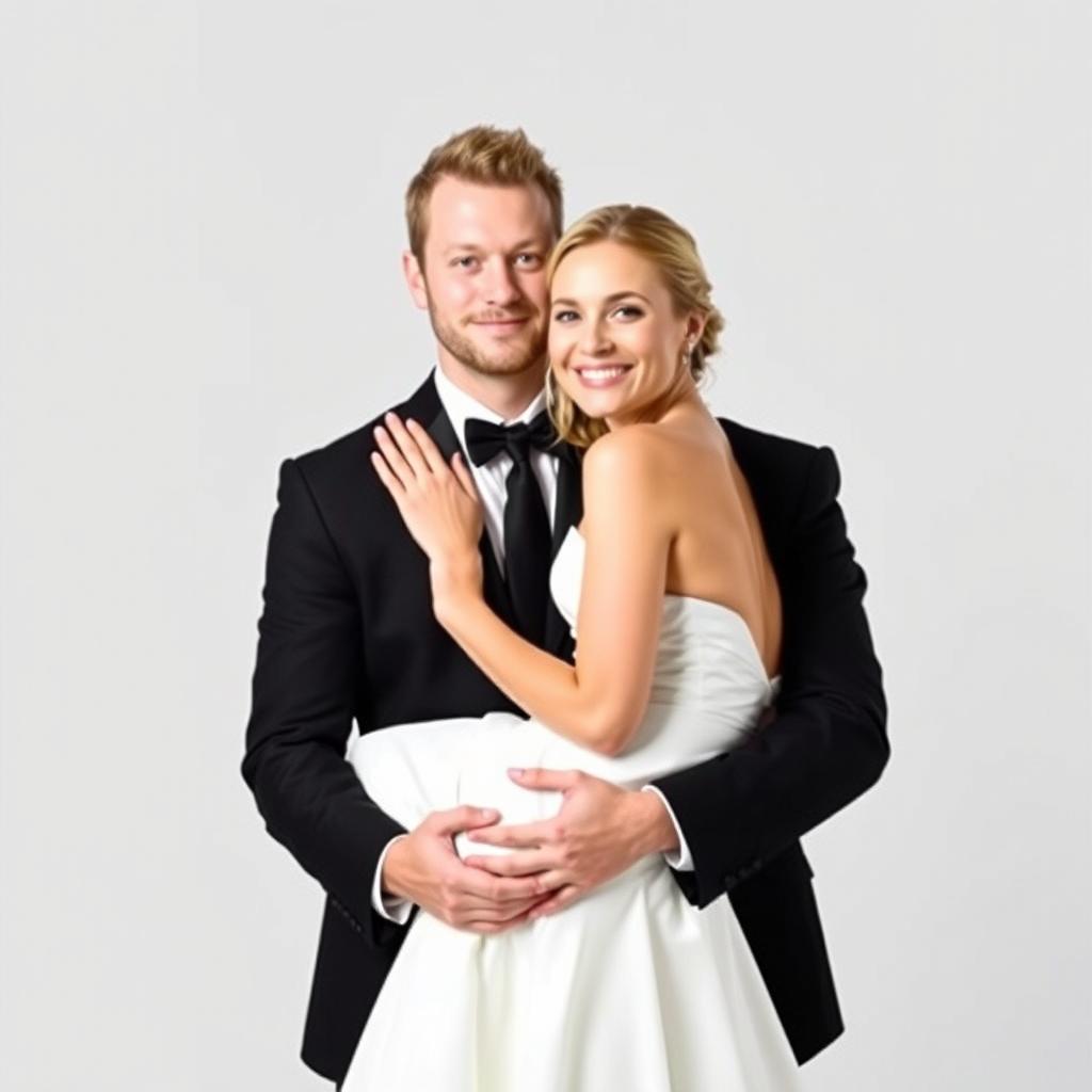 A half-white groom, dressed in a black suit, holds his bride who is wearing a white dress in his arms