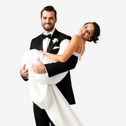 A half-white groom, dressed in a black suit, holds his bride who is wearing a white dress in his arms