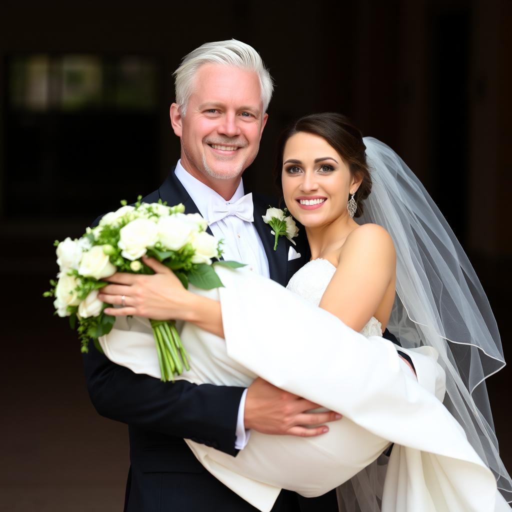 A half-white groom, dressed in a black suit, holds his bride in his arms