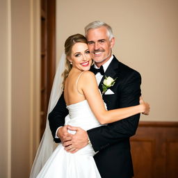 A half-white groom, dressed in a black suit, holds his bride in his arms