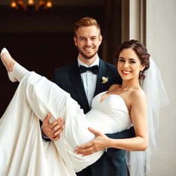 A half-white groom, dressed in a black suit, holds his bride in his arms