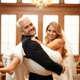 A half-white groom, dressed in a black suit, holds his bride in his arms