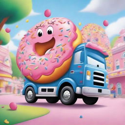 A cartoon-style truck carrying a giant donut on its back