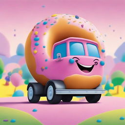 A cartoon-style truck carrying a giant donut on its back