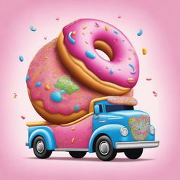 A cartoon-style truck carrying a giant donut on its back