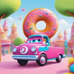 A cartoon-style truck carrying a giant donut on its back