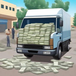 A Kamaz truck filled with money in its cargo bed