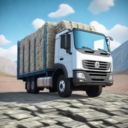 A Kamaz truck filled with money in its cargo bed