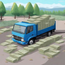 A Kamaz truck filled with money in its cargo bed