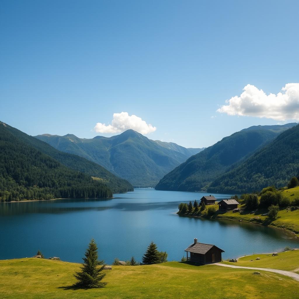 A beautiful landscape featuring a serene lake surrounded by lush green mountains under a clear blue sky