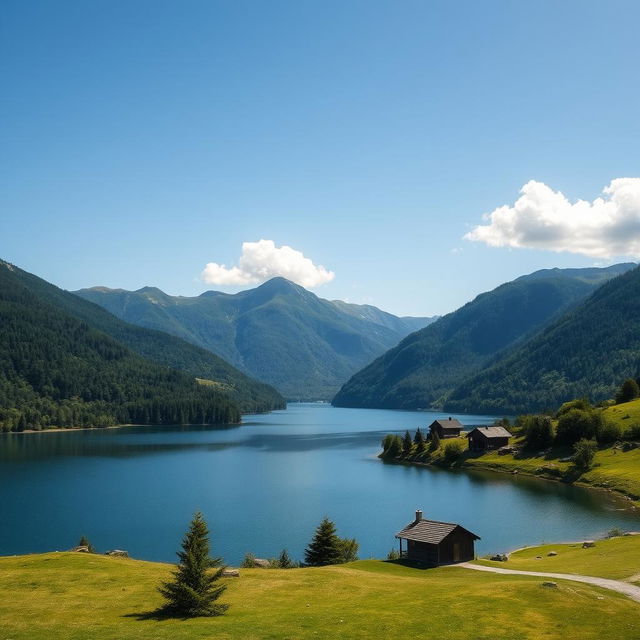 A beautiful landscape featuring a serene lake surrounded by lush green mountains under a clear blue sky