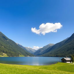 A beautiful landscape featuring a serene lake surrounded by lush green mountains under a clear blue sky