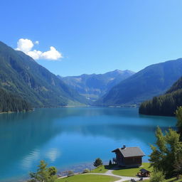 A beautiful landscape featuring a serene lake surrounded by lush green mountains under a clear blue sky