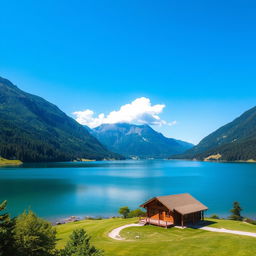 A beautiful landscape featuring a serene lake surrounded by lush green mountains under a clear blue sky