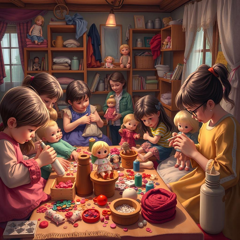 Create an image of a doll making workshop