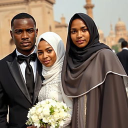 A dark-skinned groom wearing a black suit stands beside his bride, who is wearing a hijab and a white dress