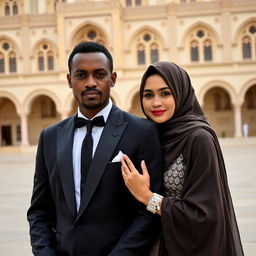 A dark-skinned groom wearing a black suit stands beside his bride, who is wearing a hijab and a white dress