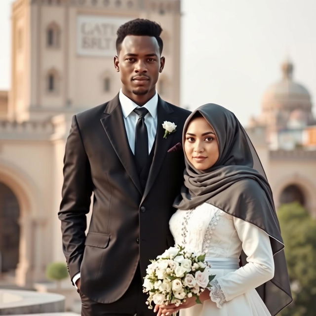 A dark-skinned groom wearing a black suit stands beside his bride, who is wearing a hijab and a white dress