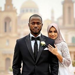 A dark-skinned groom wearing a black suit stands beside his bride, who is wearing a hijab and a white dress