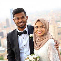 A brown-skinned groom wearing a black suit stands beside his bride, who is wearing a white dress and a hijab