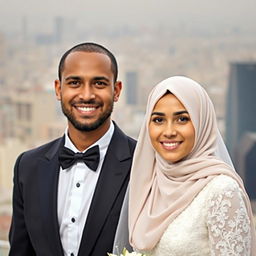 A brown-skinned groom wearing a black suit stands beside his bride, who is wearing a white dress and a hijab