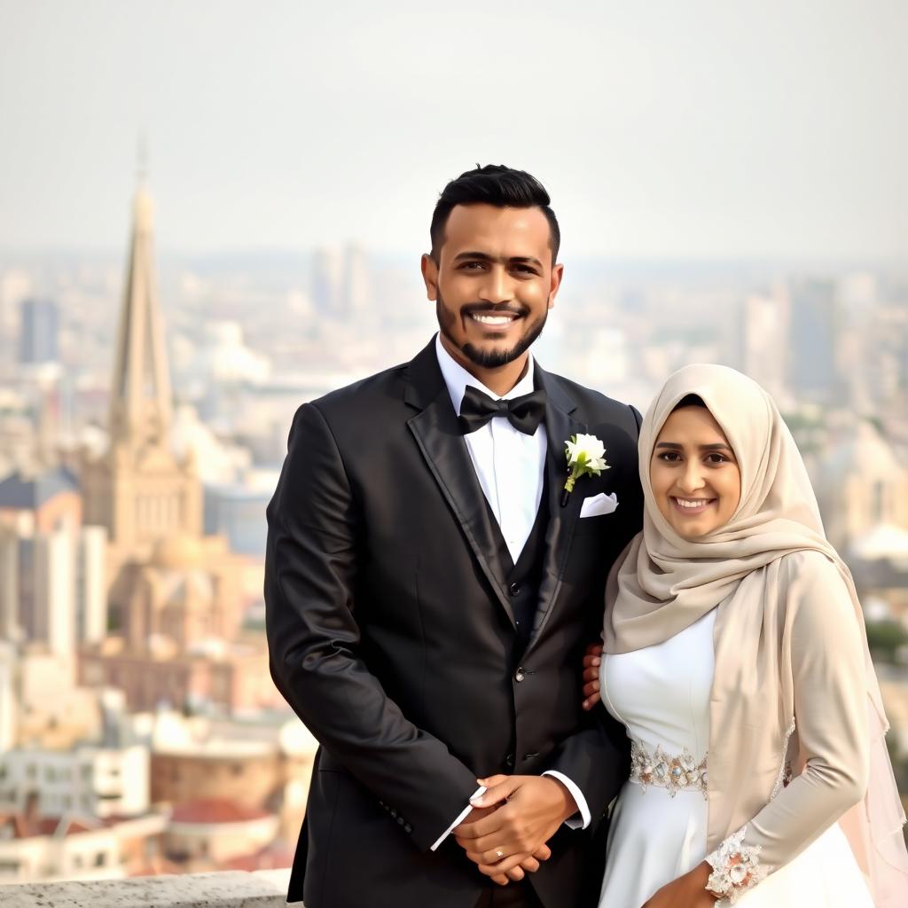 A brown-skinned groom wearing a black suit stands beside his bride, who is wearing a white dress and a hijab