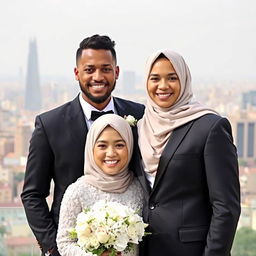 A brown-skinned groom wearing a black suit stands beside his bride, who is wearing a white dress and a hijab