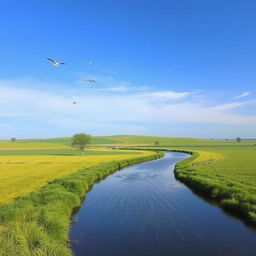 A serene landscape featuring a clear blue sky, lush green fields, and a calm river flowing through the scene