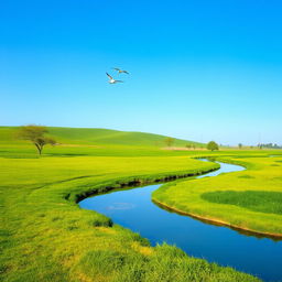 A serene landscape featuring a clear blue sky, lush green fields, and a calm river flowing through the scene