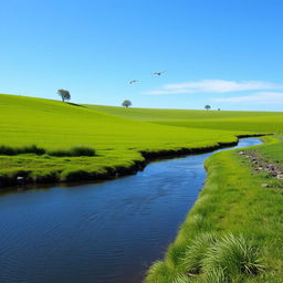 A serene landscape featuring a clear blue sky, lush green fields, and a calm river flowing through the scene